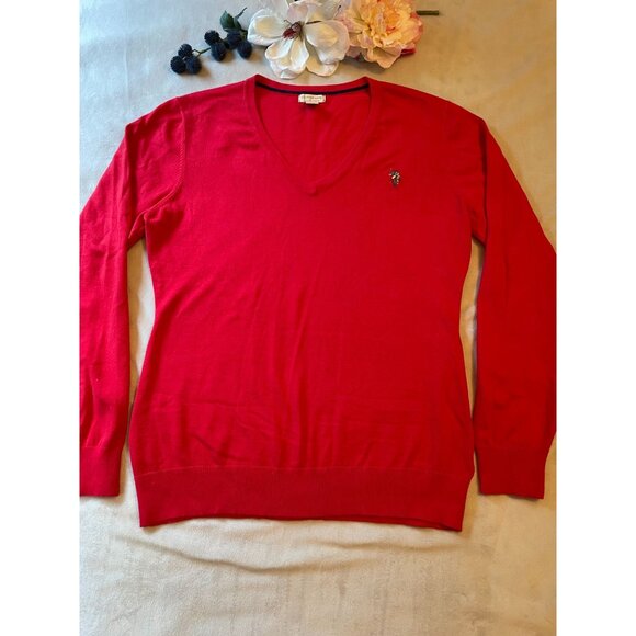 U.S. Polo Assn. Mens Red V-Neck Sweater Y2K Size L Preppy Acadamia Logo - Picture 1 of 7